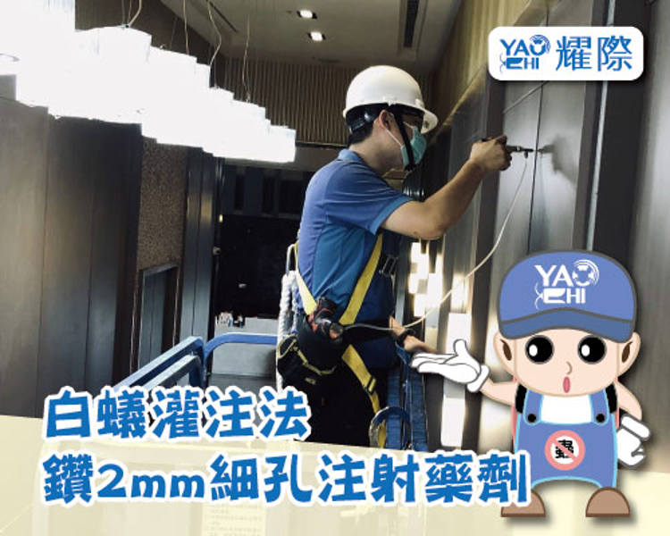 耀際除白蟻專家使用白蟻灌注法，鑽2mm細孔注射除白蟻藥劑